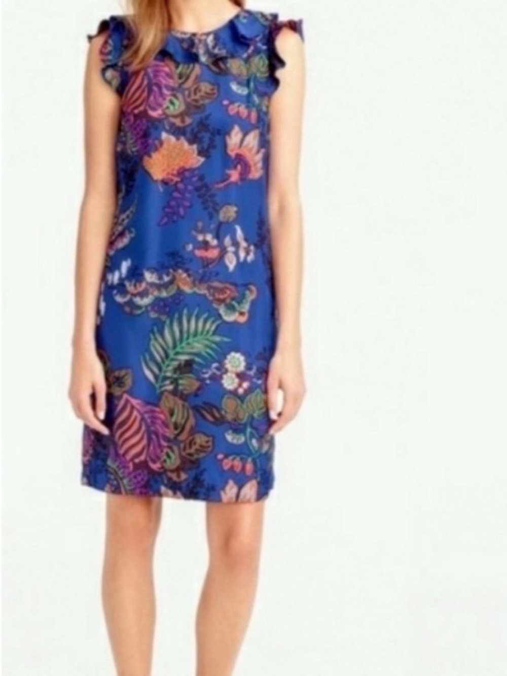 J Crew 100% Silk Dress 12 Blue Flower Print Knee Length Sleeveless Ruffles